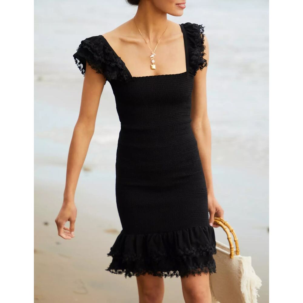 Anthropologie Peixoto Belle Smocked Mini Dress Black Ruffle Cap Sleeve SZ S NWT